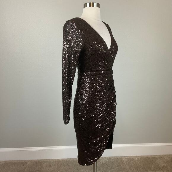 Betsy & Adam Long Sleeve Sequined Mini Sheath Party Cocktail Dress Brown Size 6 - Picture 3 of 13